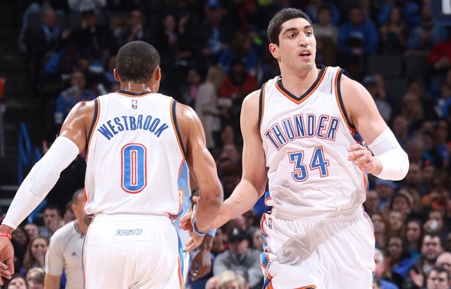 Enes Kanter (right) averaged 18.7 points and 11 rebounds for the Thunder last season.